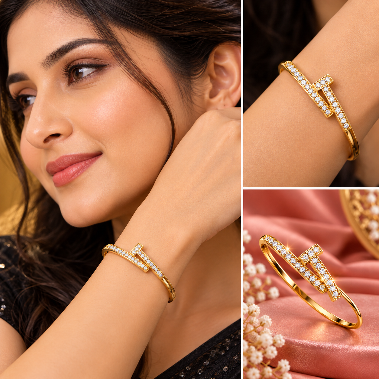 Modern Geometric Asymmetric CZ Gold Bangle Bracelet
